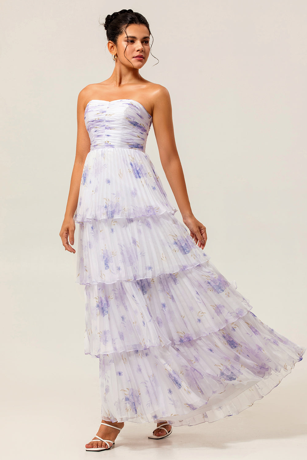 Lavender A Line Pleated Long Floral Wedding Guest Dress with Ruffles