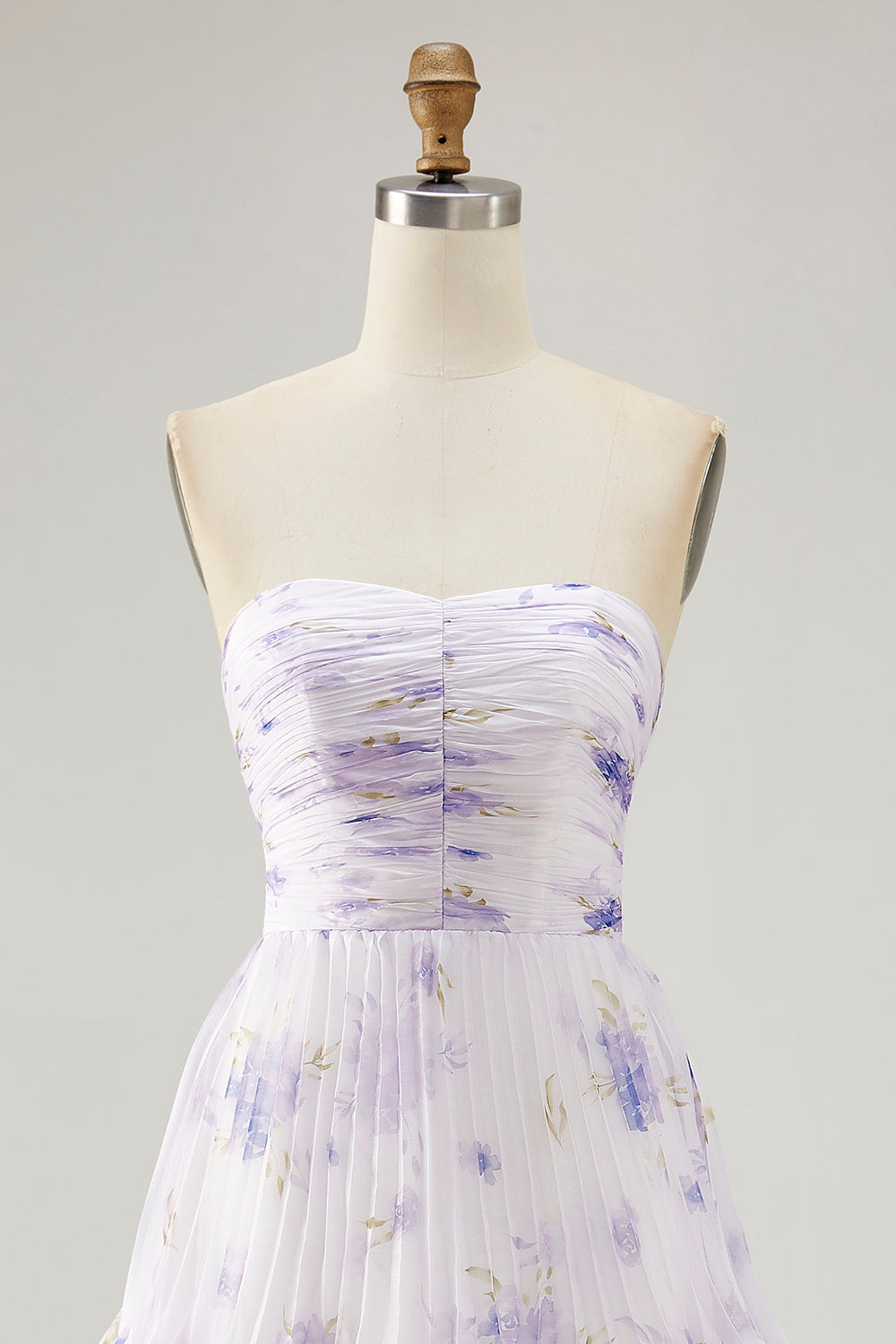 Lavender Strapless Pleated Long Floral Wedding Guest Dress with Ruffles