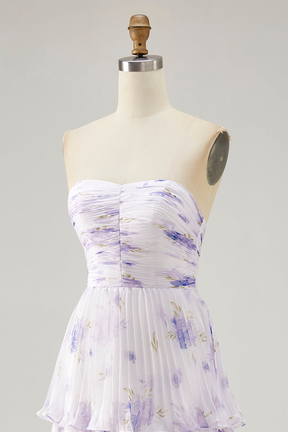 Lavender Strapless Pleated Long Floral Wedding Guest Dress with Ruffles