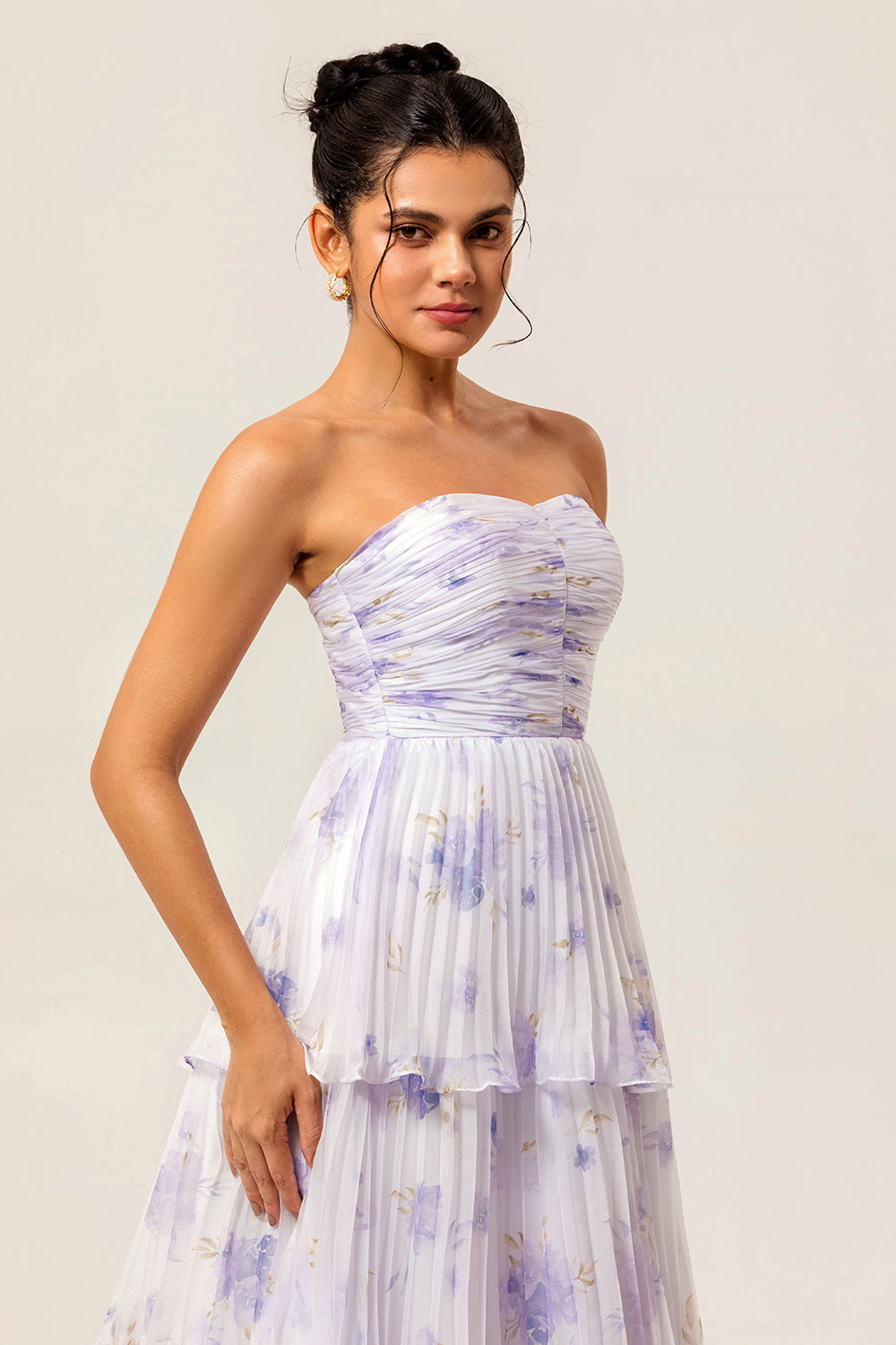 Lavender A Line Pleated Long Floral Wedding Guest Dress with Ruffles