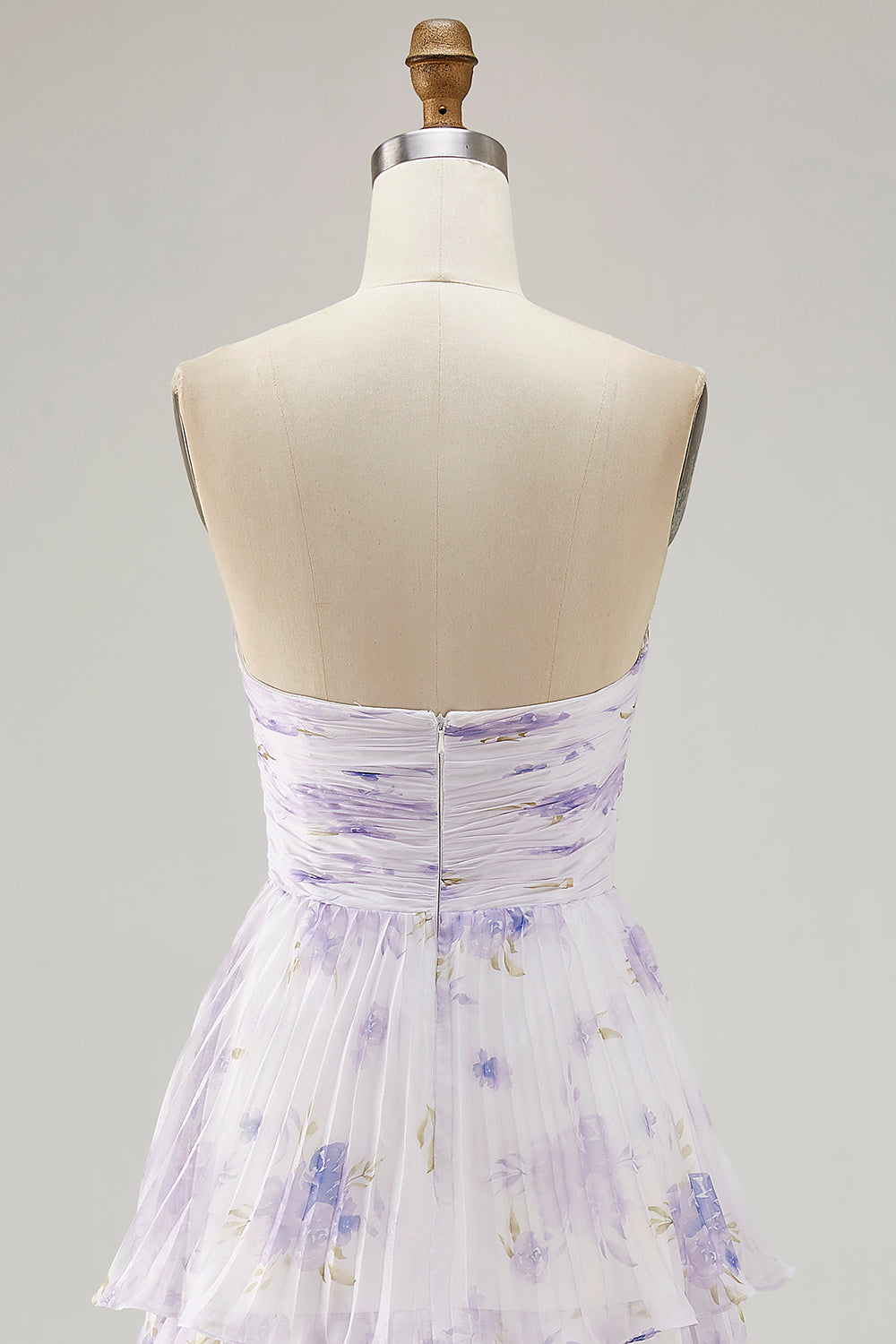 Lavender Strapless Pleated Long Floral Wedding Guest Dress with Ruffles