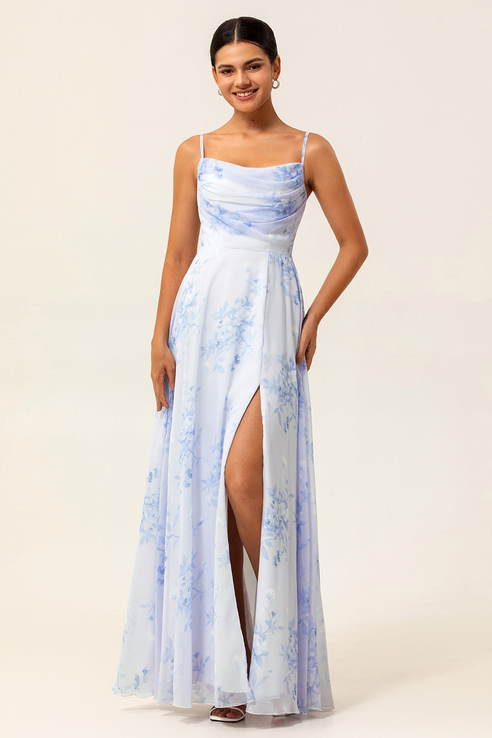 Blue Chiffon Spaghetti Straps Long Floral Wedding Guest Dress with Slit