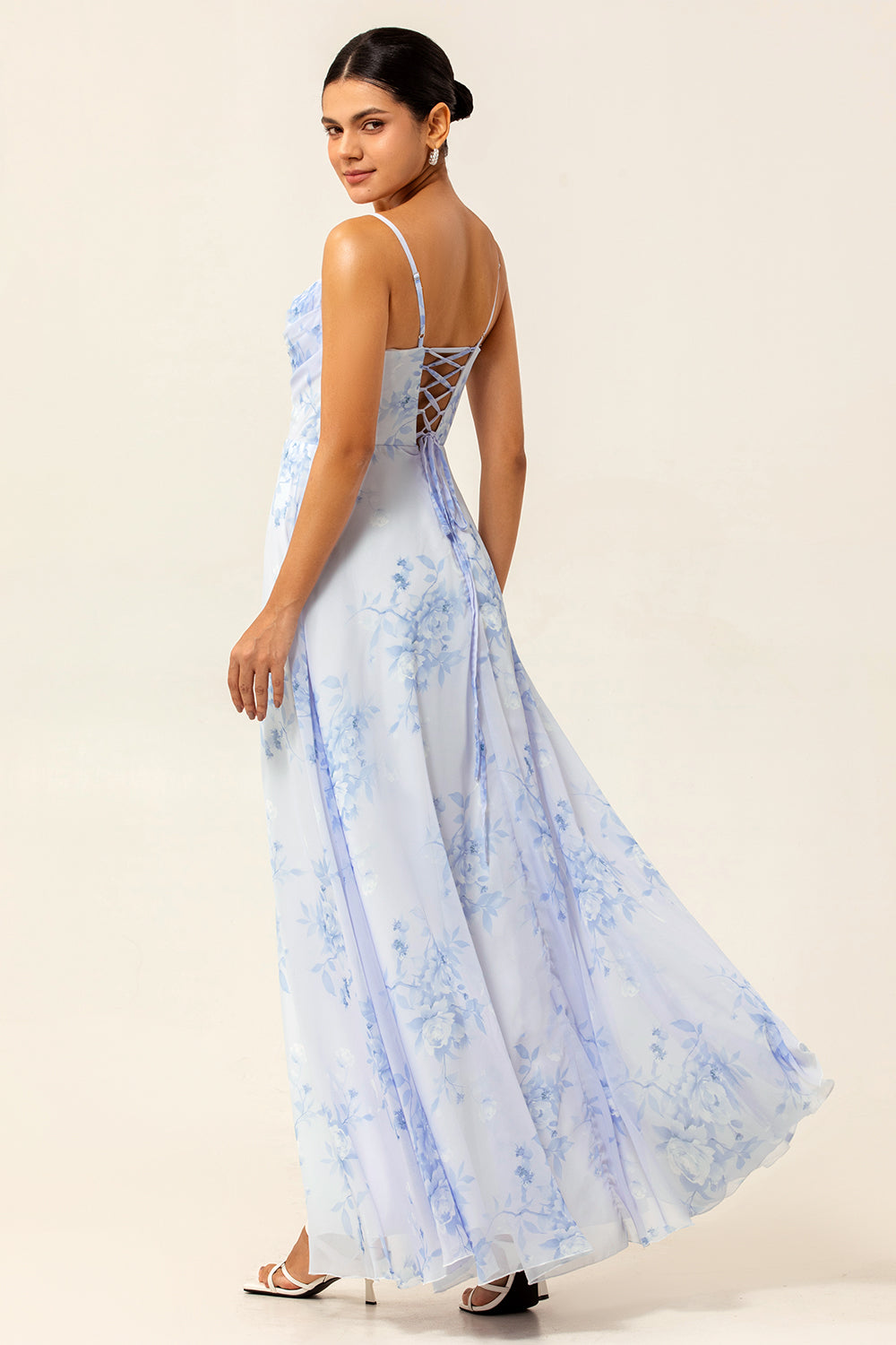 Blue Chiffon Spaghetti Straps Long Floral Wedding Guest Dress with Slit