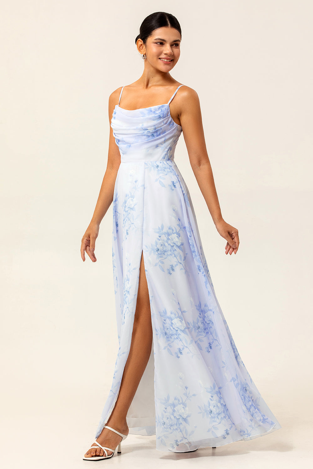 Blue Chiffon Spaghetti Straps Long Floral Wedding Guest Dress with Slit