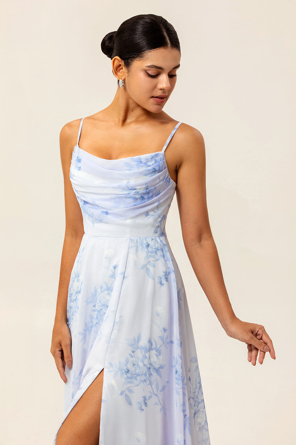 Blue Chiffon Spaghetti Straps Long Floral Wedding Guest Dress with Slit