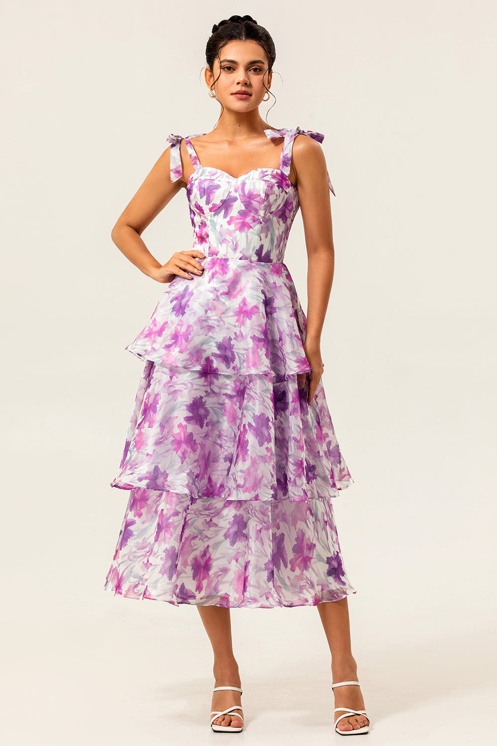 Purple Floral Ruffled A Line Midi Wedding Guest Dress