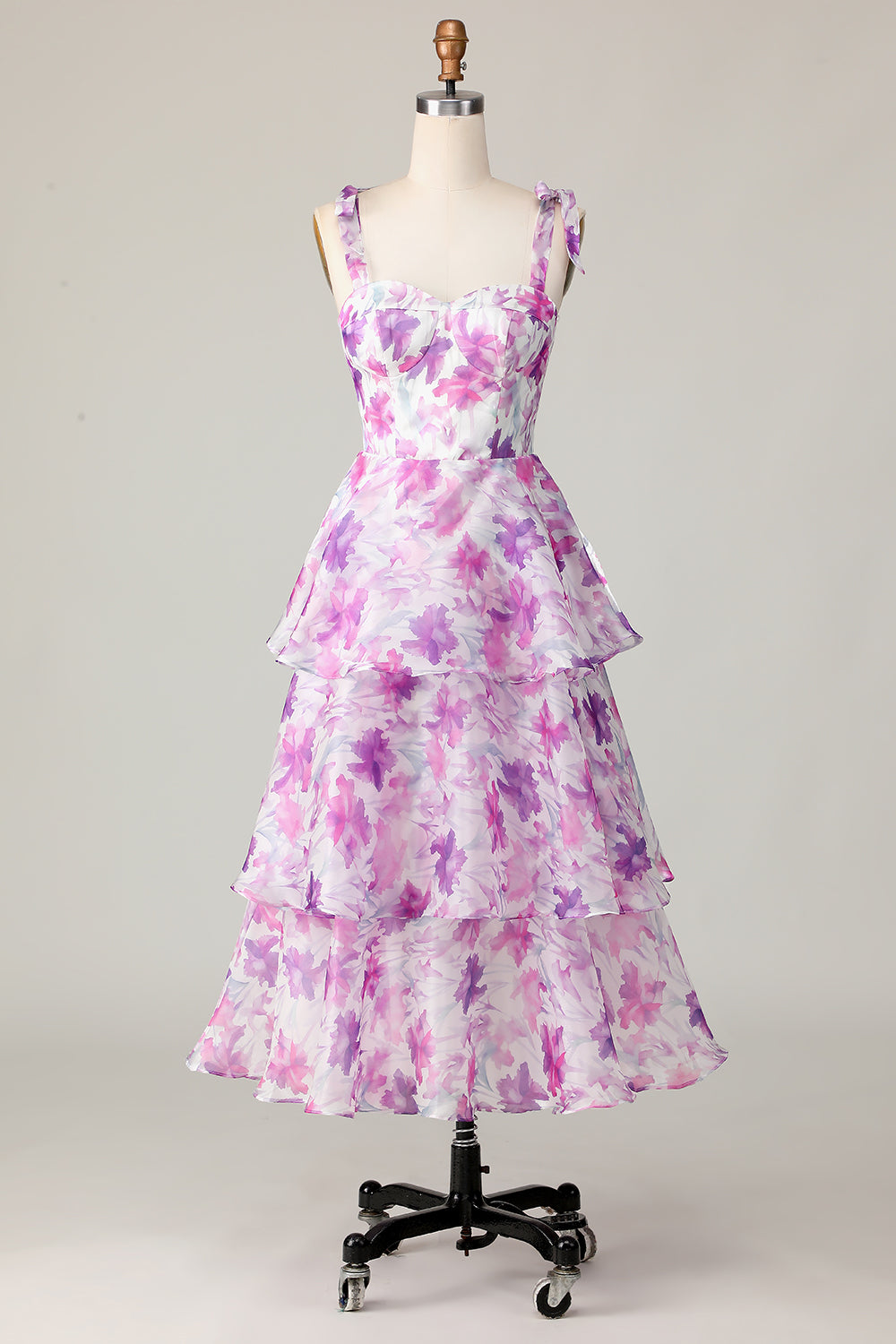 Floral Purple A Line Chiffon Tiered Midi Wedding Guest Dress
