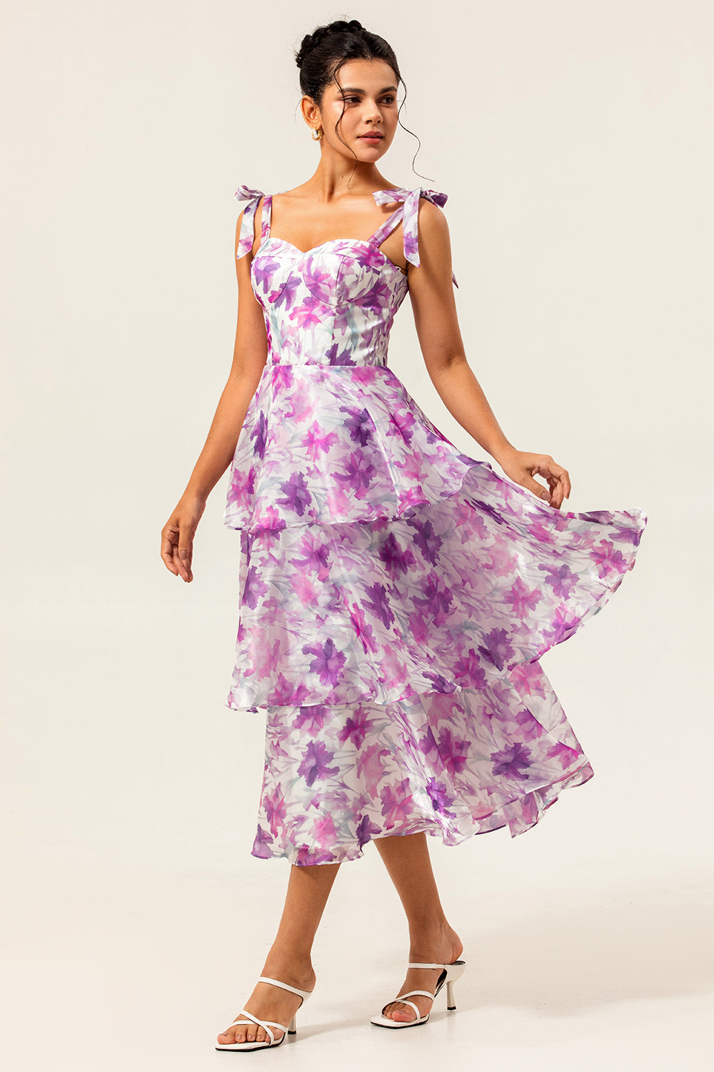Purple Floral Ruffled A Line Midi Wedding Guest Dress