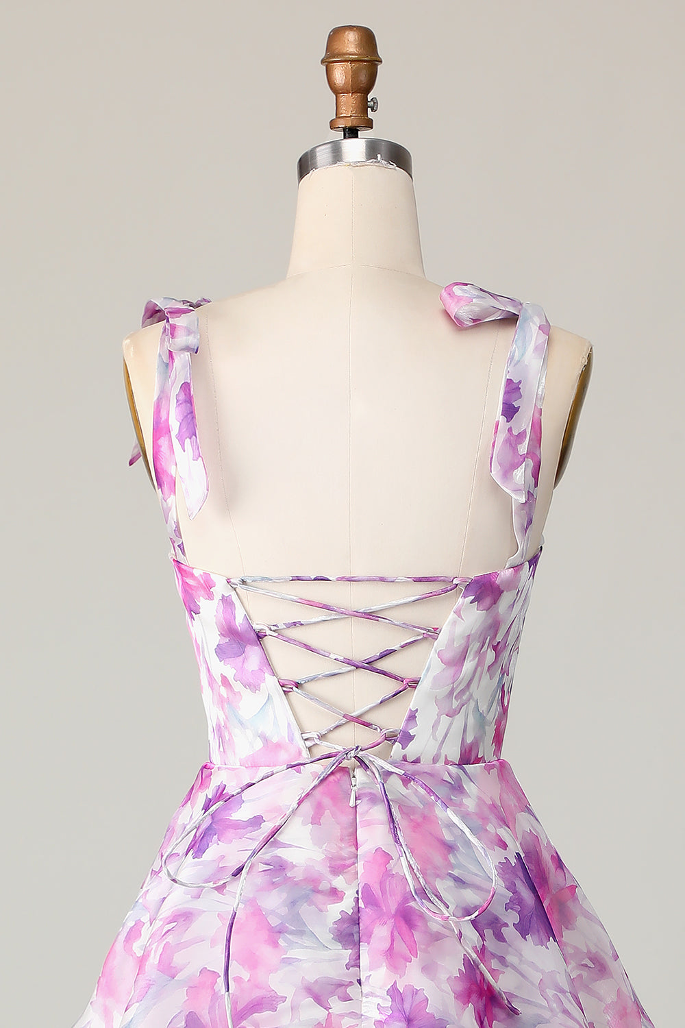 Floral Purple A Line Chiffon Tiered Midi Wedding Guest Dress