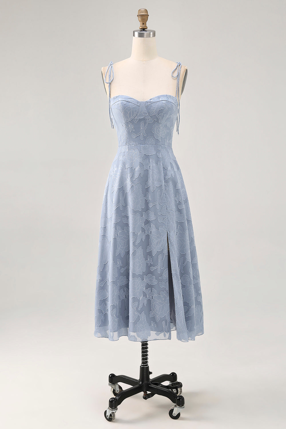 Dusty Blue A Line Spaghetti Straps Lace Midi Wedding Guest Dress with Slit