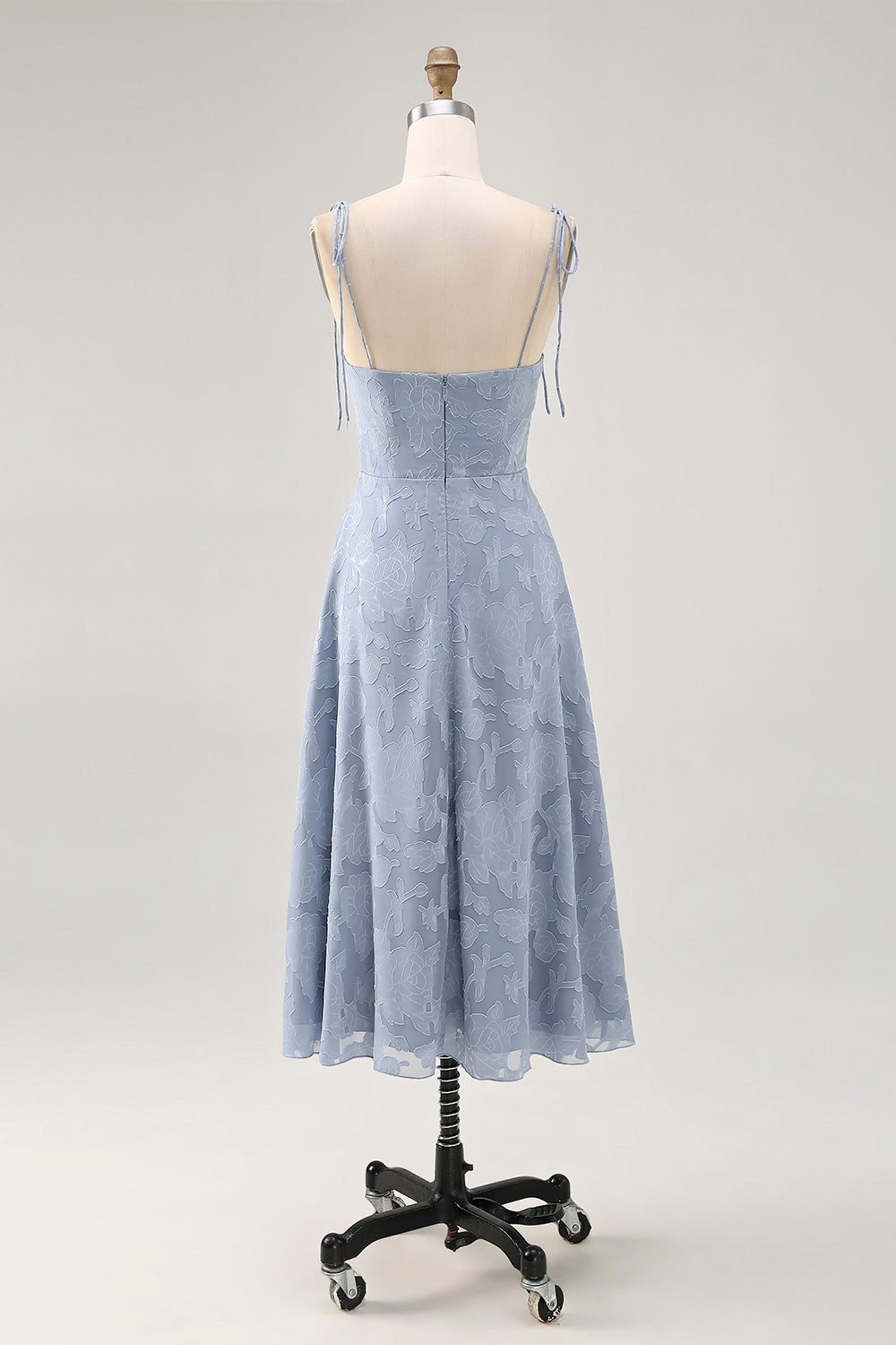 Dusty Blue A Line Spaghetti Straps Lace Midi Wedding Guest Dress with Slit