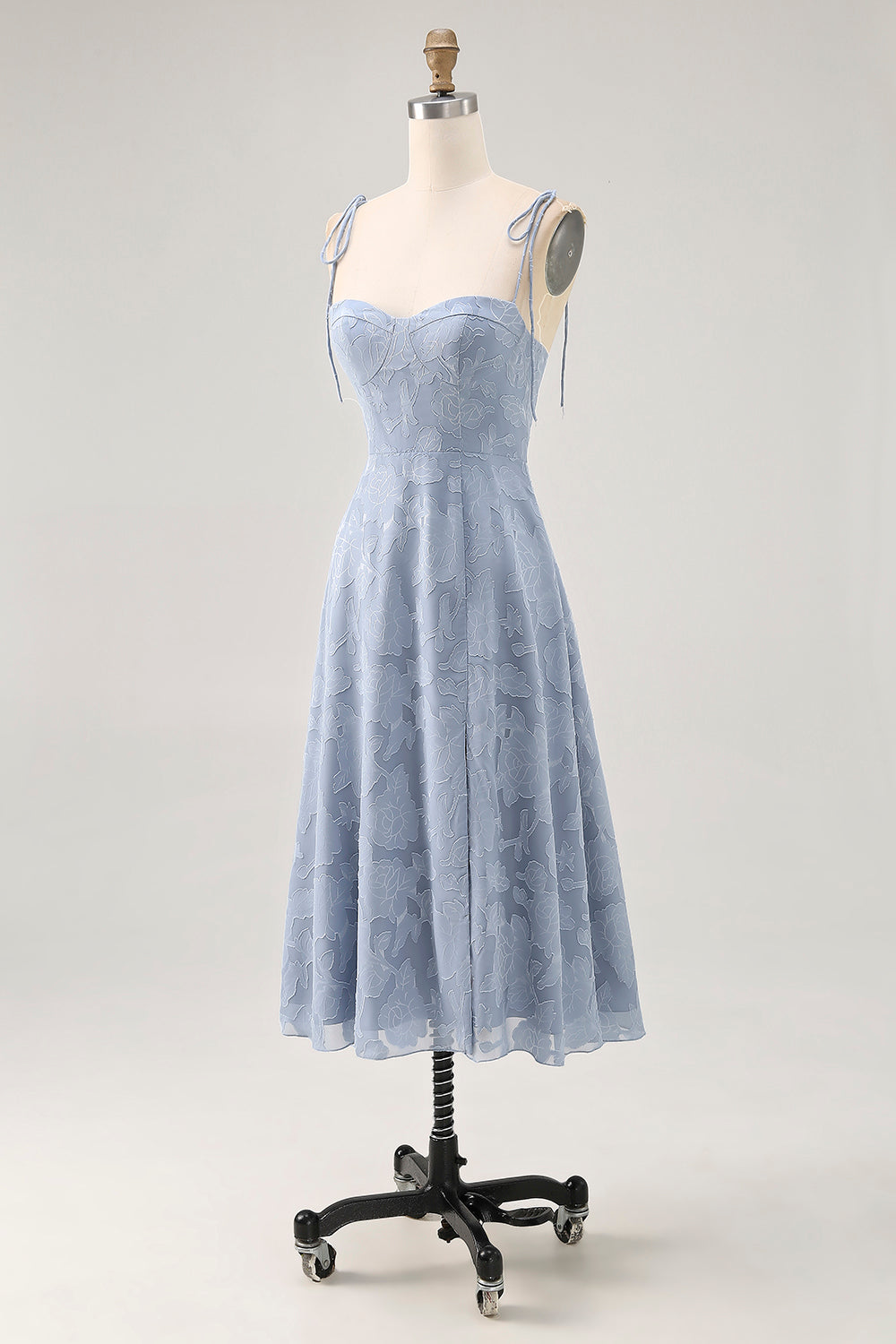 Dusty Blue A Line Spaghetti Straps Lace Midi Wedding Guest Dress with Slit