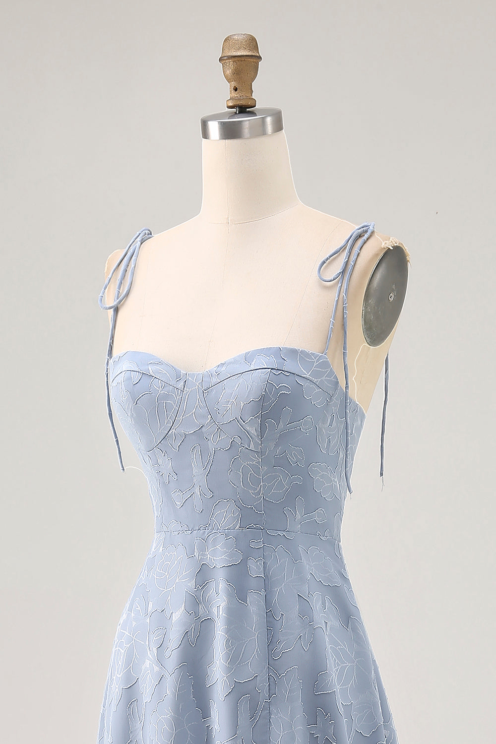 Dusty Blue A Line Spaghetti Straps Lace Midi Wedding Guest Dress with Slit