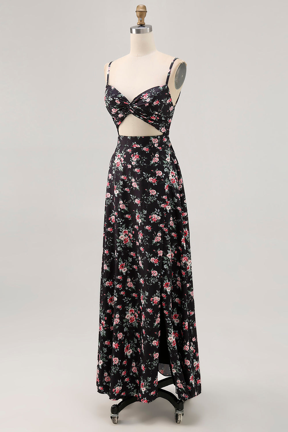 Black Cut Out A Line Long Floral Wedding Guest Dress with Slit
