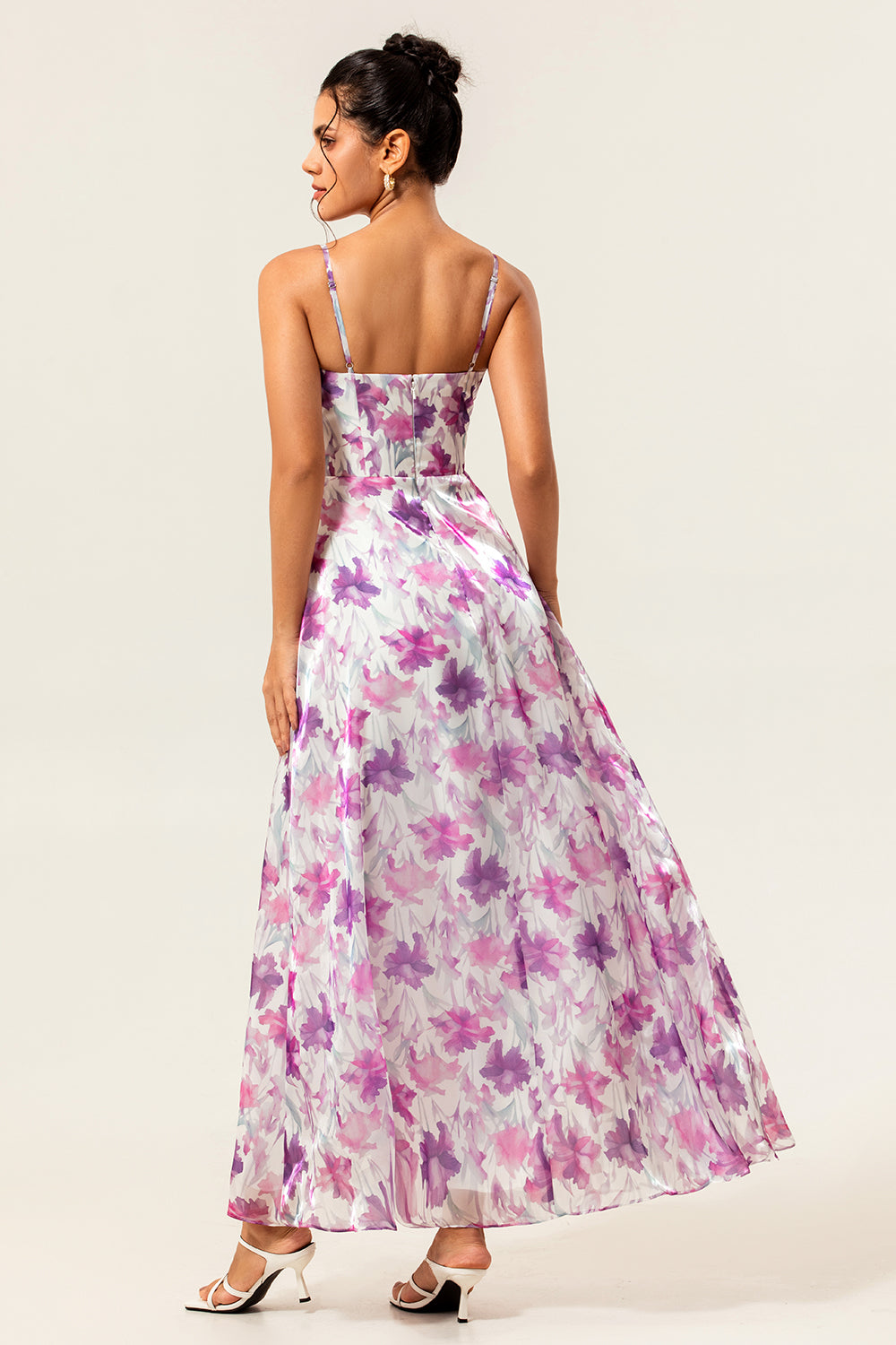 Purple Chiffon A Line Long Floral Wedding Guest Dress with Slit