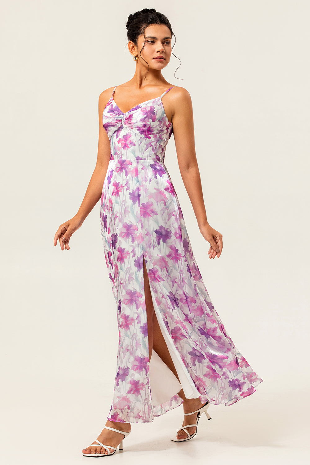 Purple Chiffon A Line Long Floral Wedding Guest Dress with Slit