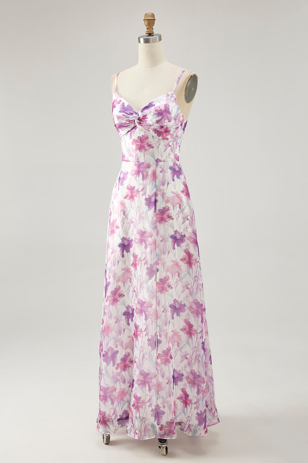 Floral Purple Ruched Spaghetti Straps Long Chiffon Wedding Guest Dress