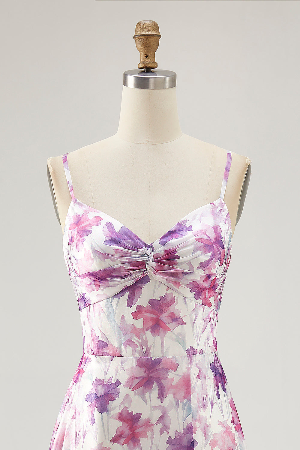Floral Purple Ruched Spaghetti Straps Long Chiffon Wedding Guest Dress