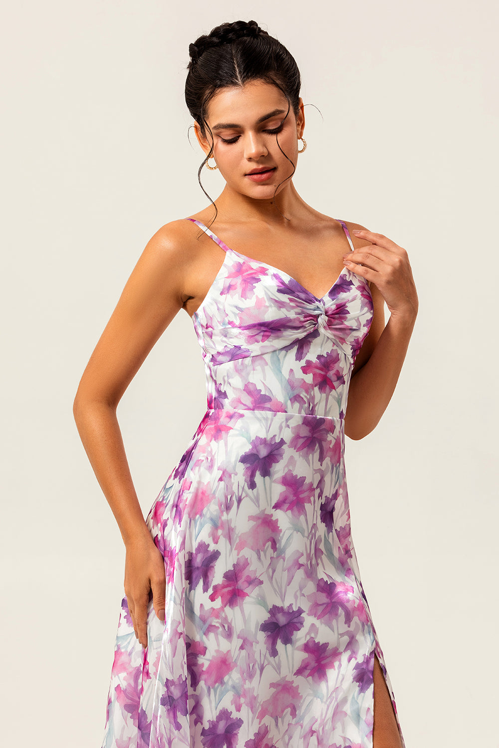 Purple Chiffon A Line Long Floral Wedding Guest Dress with Slit