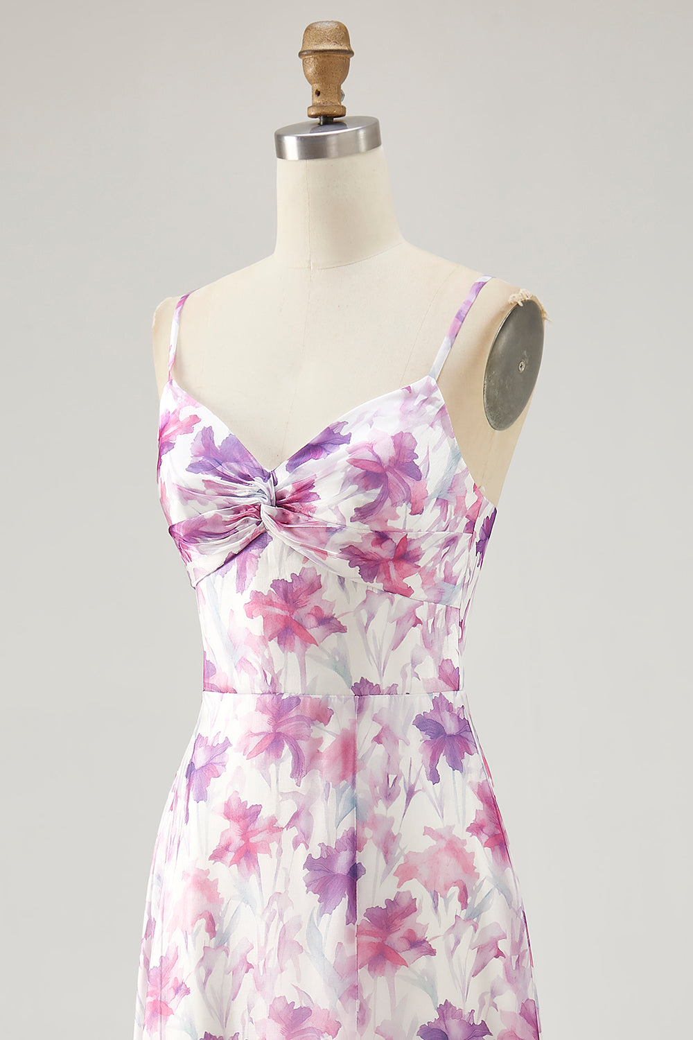 Floral Purple Ruched Spaghetti Straps Long Chiffon Wedding Guest Dress