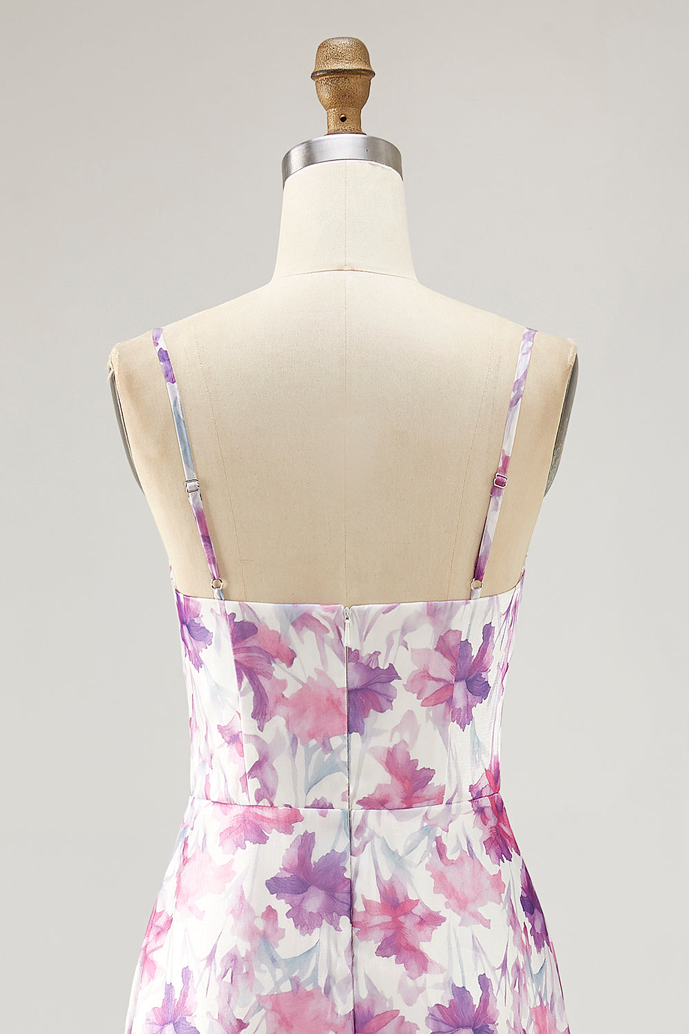 Floral Purple Ruched Spaghetti Straps Long Chiffon Wedding Guest Dress