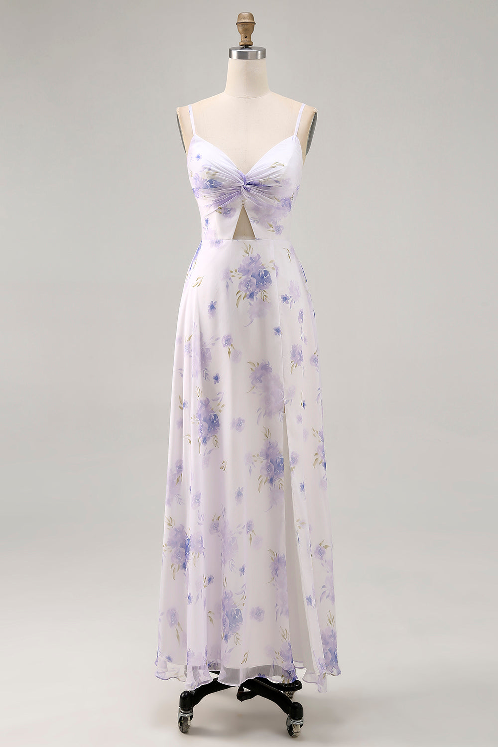 Lavender A Line Cut Out Ruched Long Floral Wedding Guest Dress with Slit
