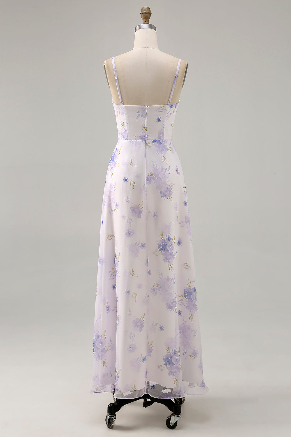 Lavender A Line Cut Out Ruched Long Floral Wedding Guest Dress with Slit