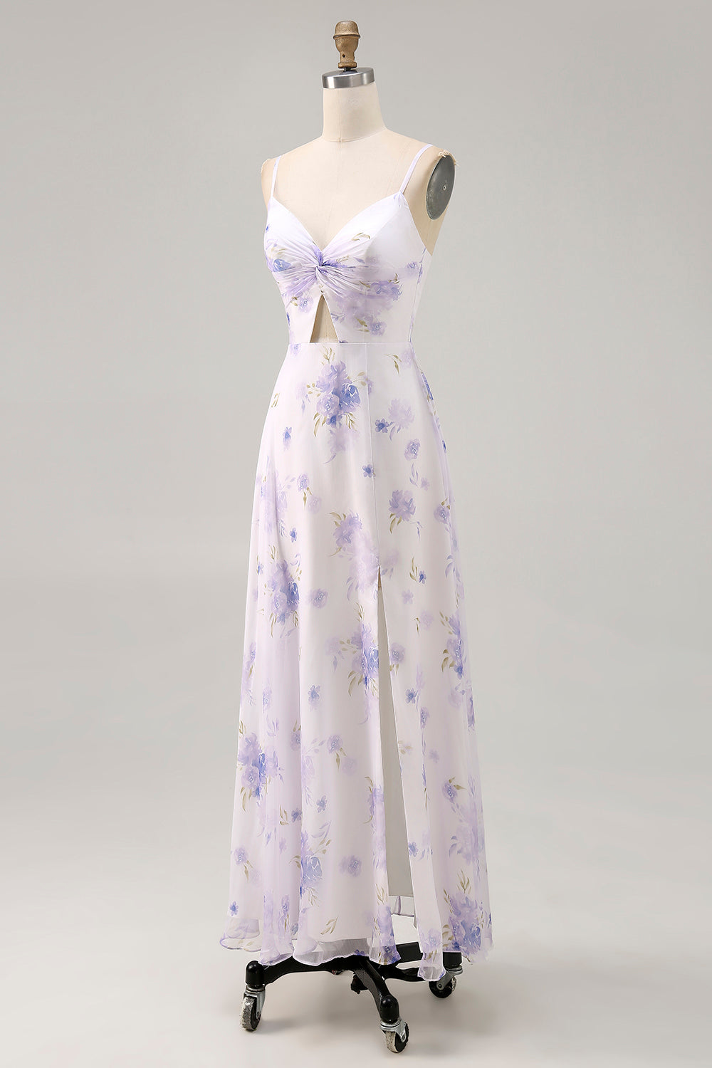 Lavender A Line Cut Out Ruched Long Floral Wedding Guest Dress with Slit