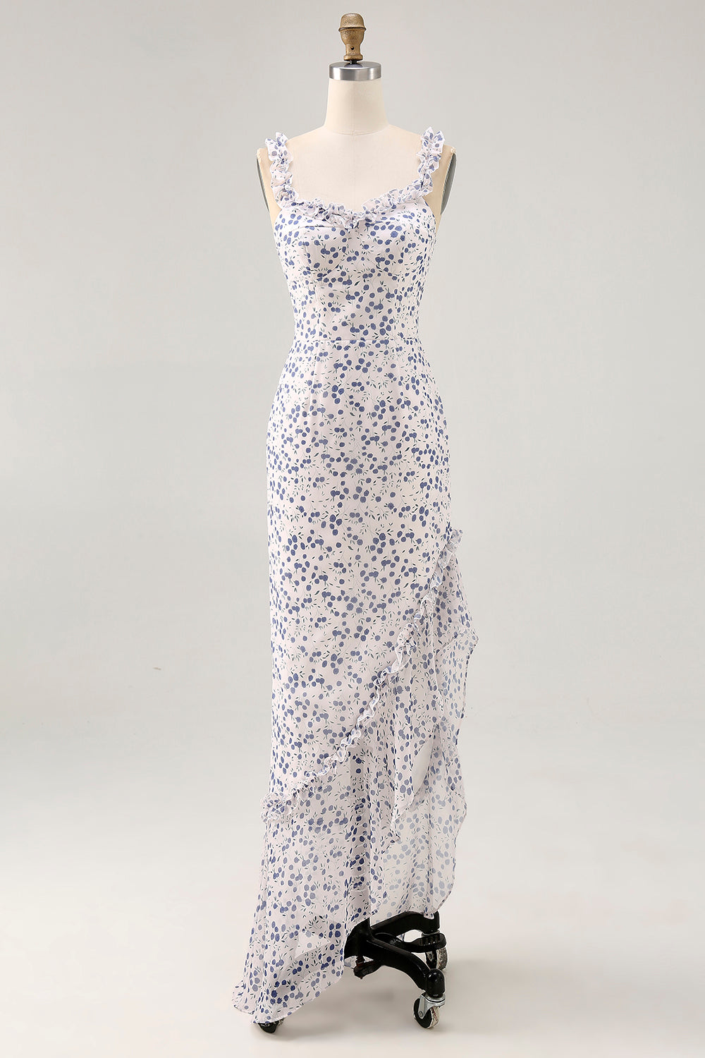 Floral Blue Chiffon Asymmetrical Wedding Guest Dress with Ruffles