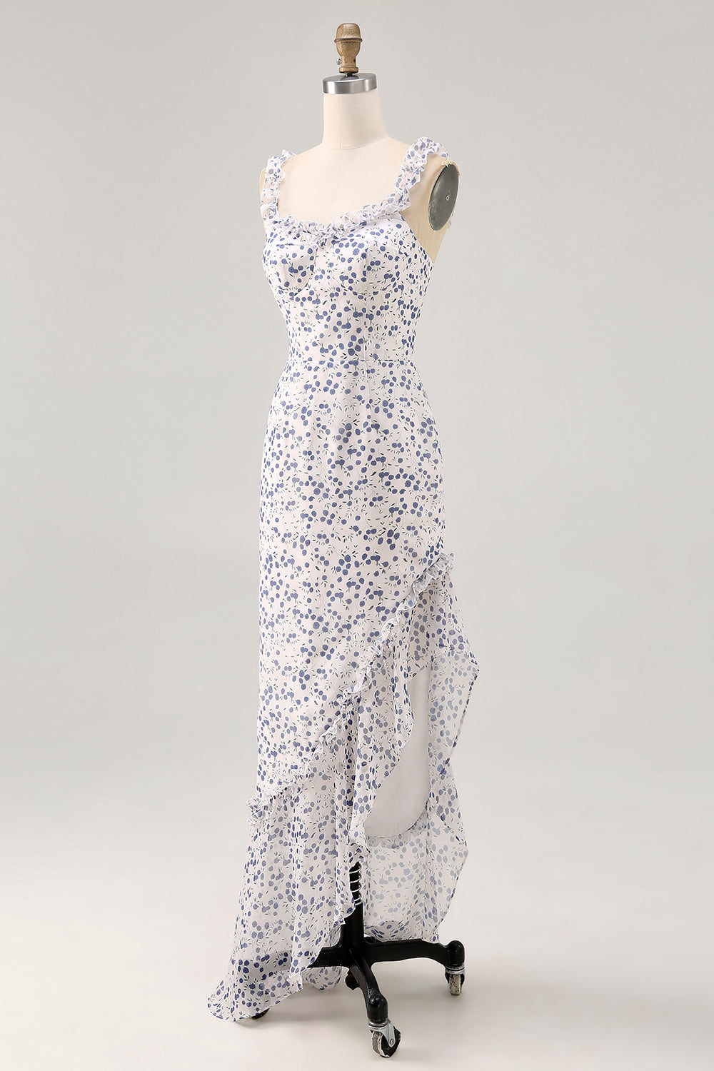 Floral Blue Chiffon Asymmetrical Wedding Guest Dress with Ruffles