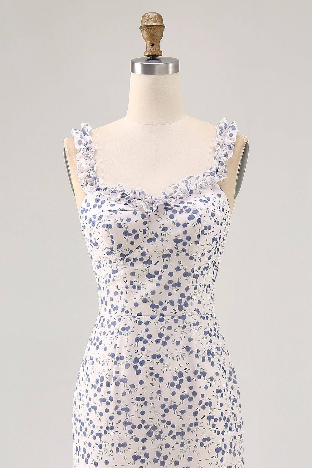 Floral Blue Chiffon Asymmetrical Wedding Guest Dress with Ruffles