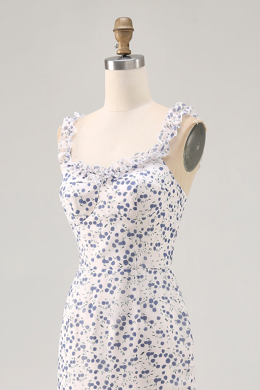Floral Blue Chiffon Asymmetrical Wedding Guest Dress with Ruffles