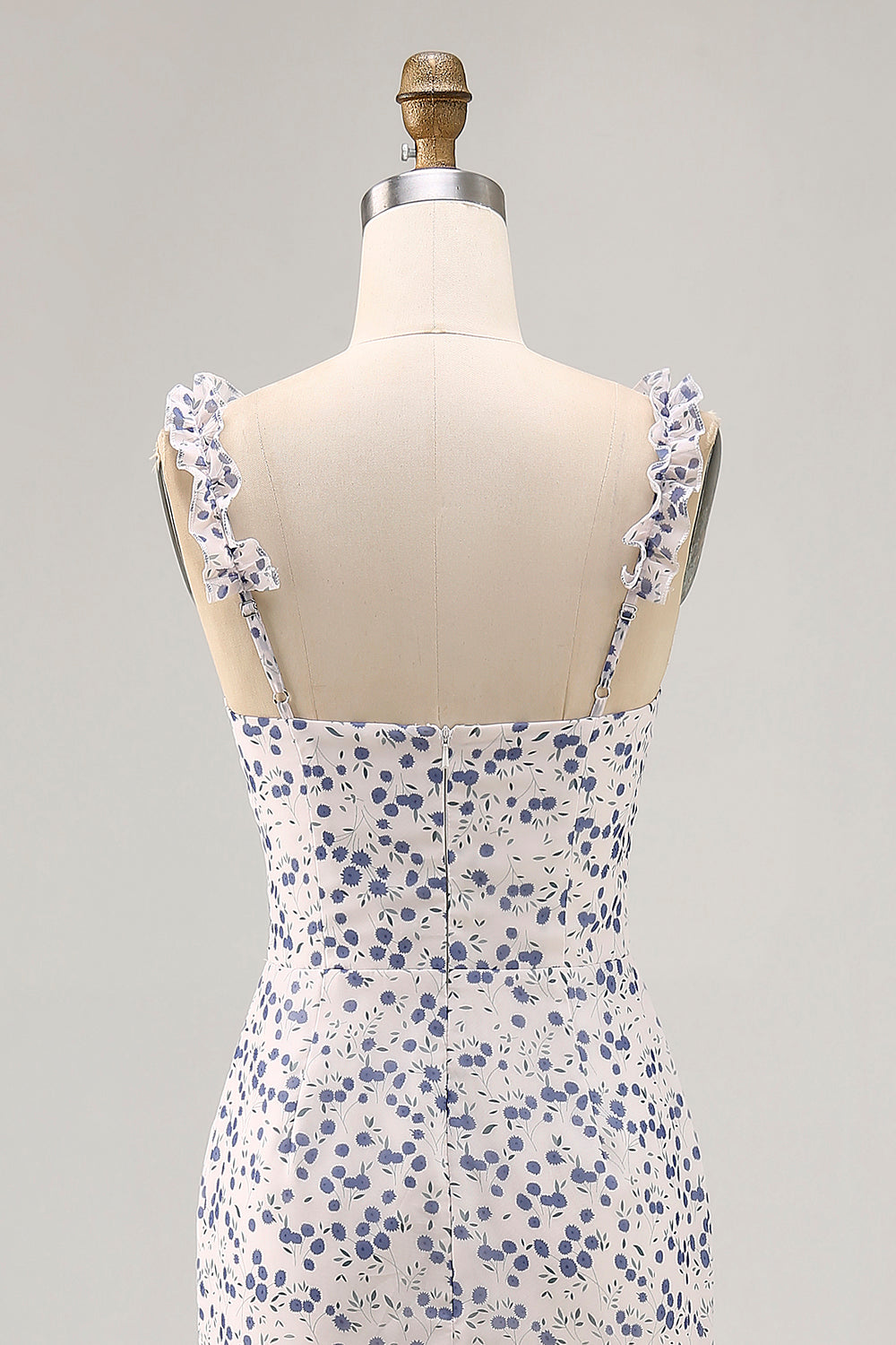 Floral Blue Chiffon Asymmetrical Wedding Guest Dress with Ruffles
