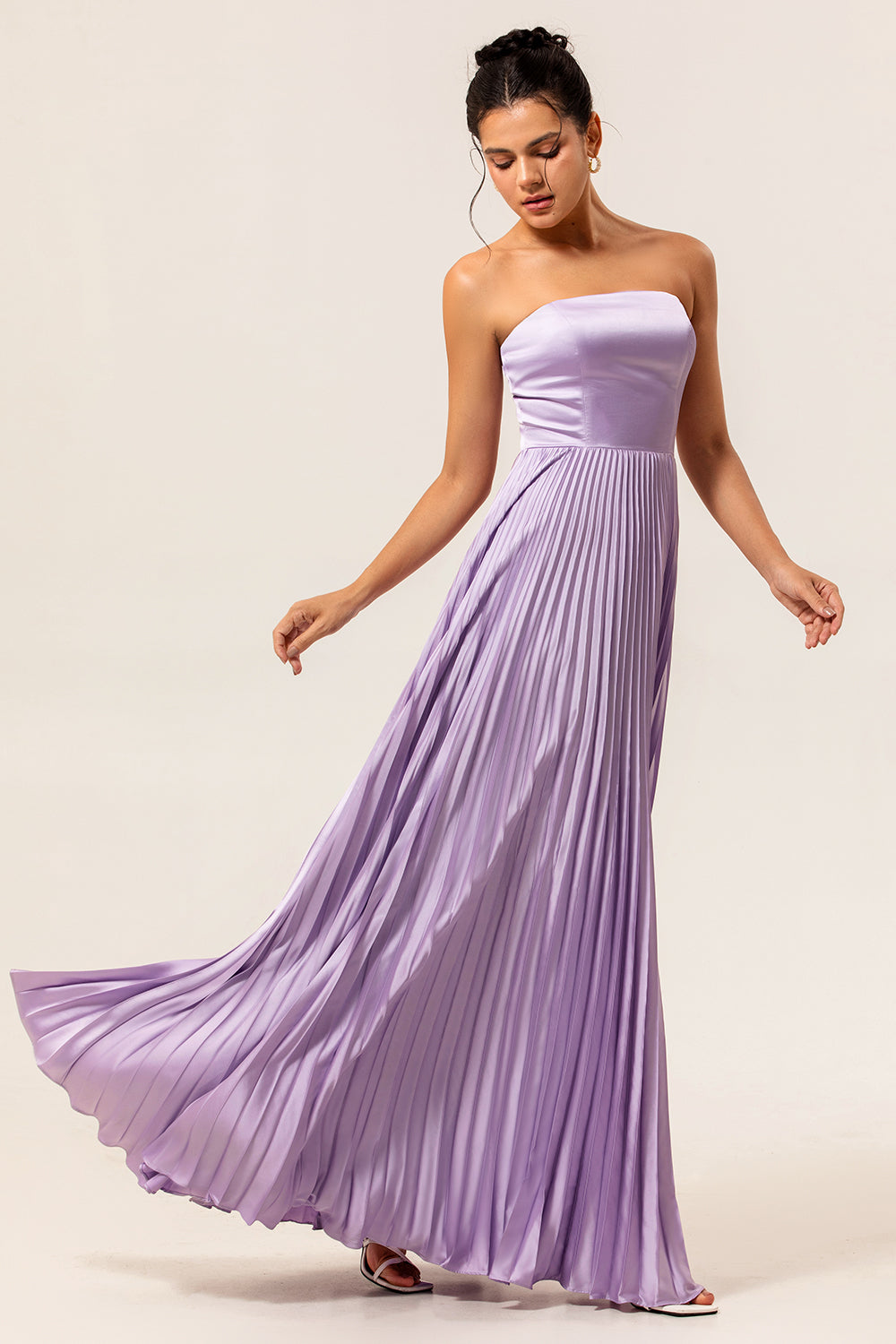 Lilac Strapless Pleated Long A Line Wedding Guest Dress
