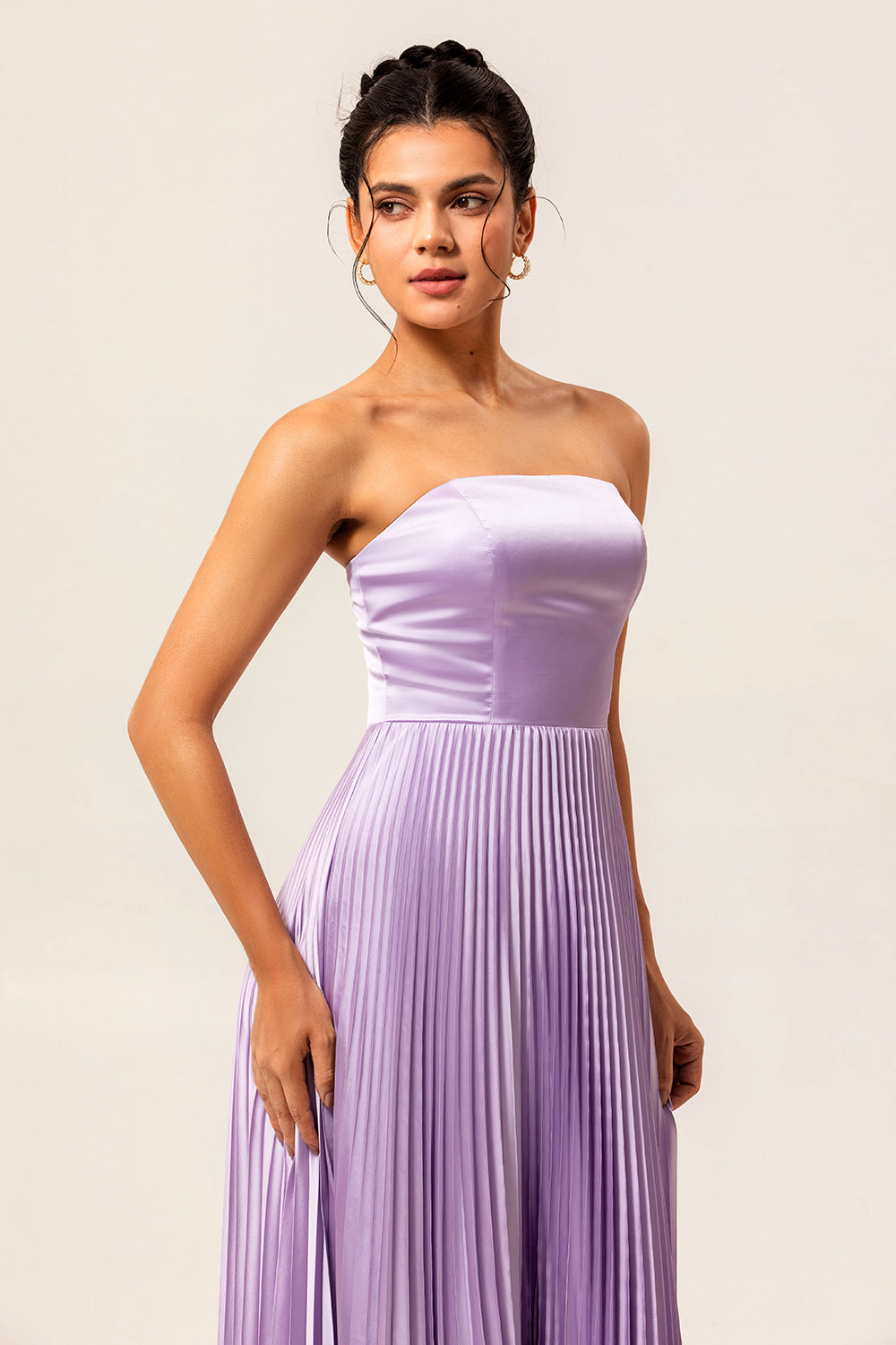 Lilac Strapless Pleated Long A Line Wedding Guest Dress