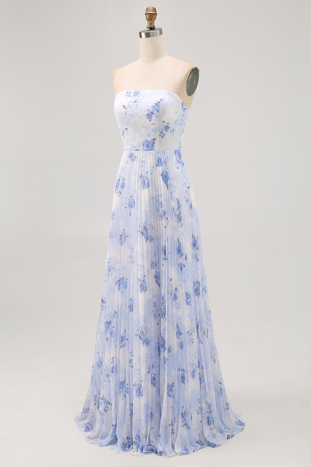 Floral Blue Strapless Long Chiffon Wedding Guest Dress with Pleats