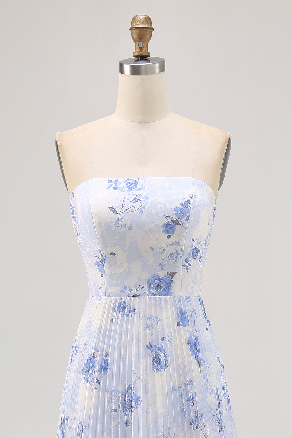 Floral Blue Strapless Long Chiffon Wedding Guest Dress with Pleats