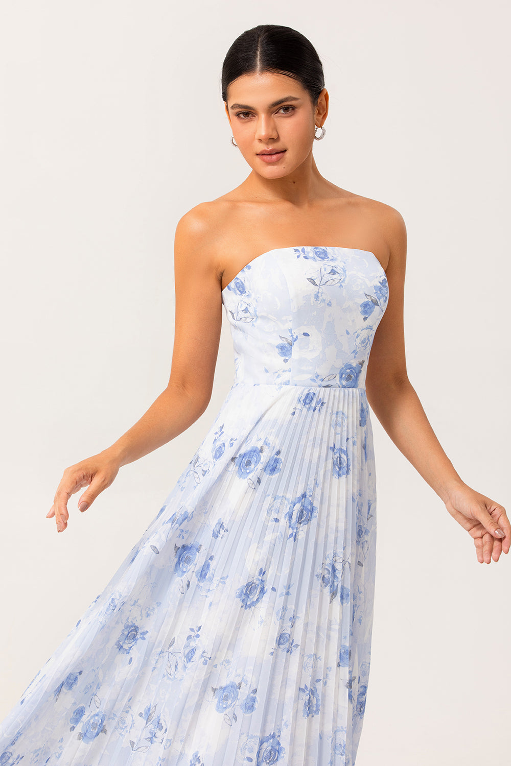 Floral Blue Strapless Chiffon A Line Long Wedding Guest Dress
