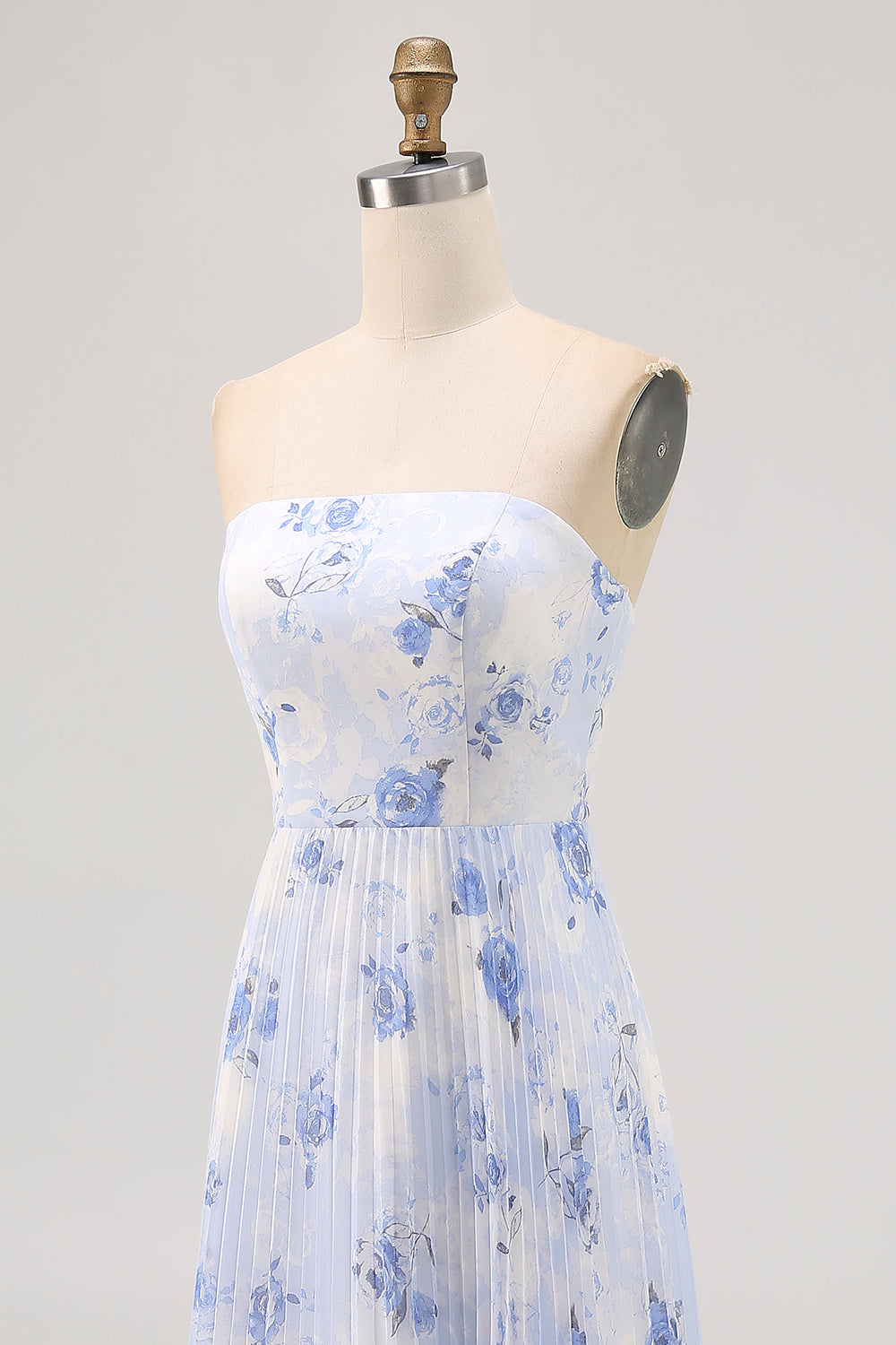 Floral Blue Strapless Long Chiffon Wedding Guest Dress with Pleats