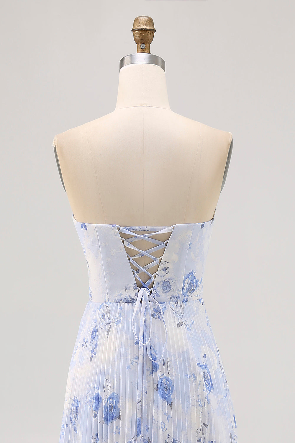 Floral Blue Strapless Long Chiffon Wedding Guest Dress with Pleats