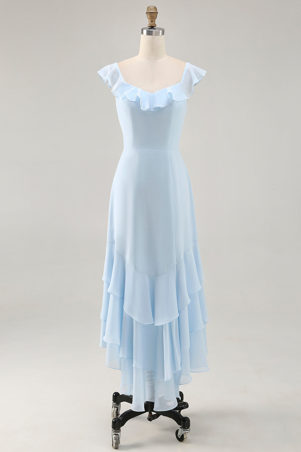 Sky Blue Tiered Chiffon Asymmetrical Wedding Guest Dress with Ruffles