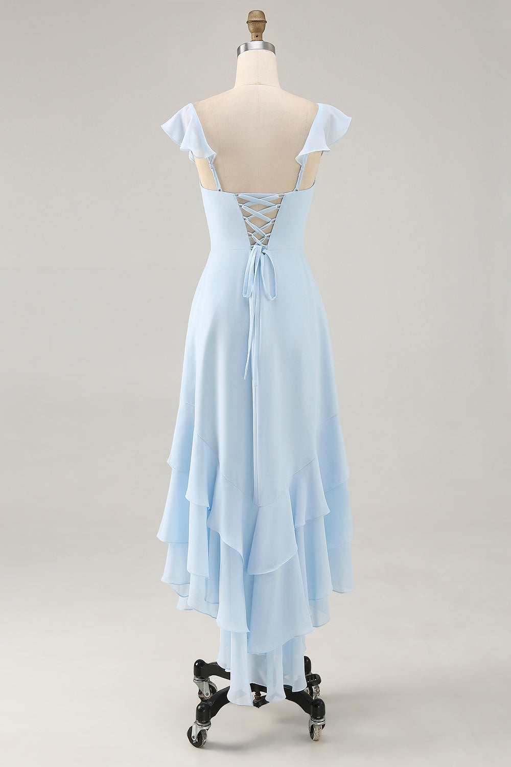 Sky Blue Tiered Chiffon Asymmetrical Wedding Guest Dress with Ruffles