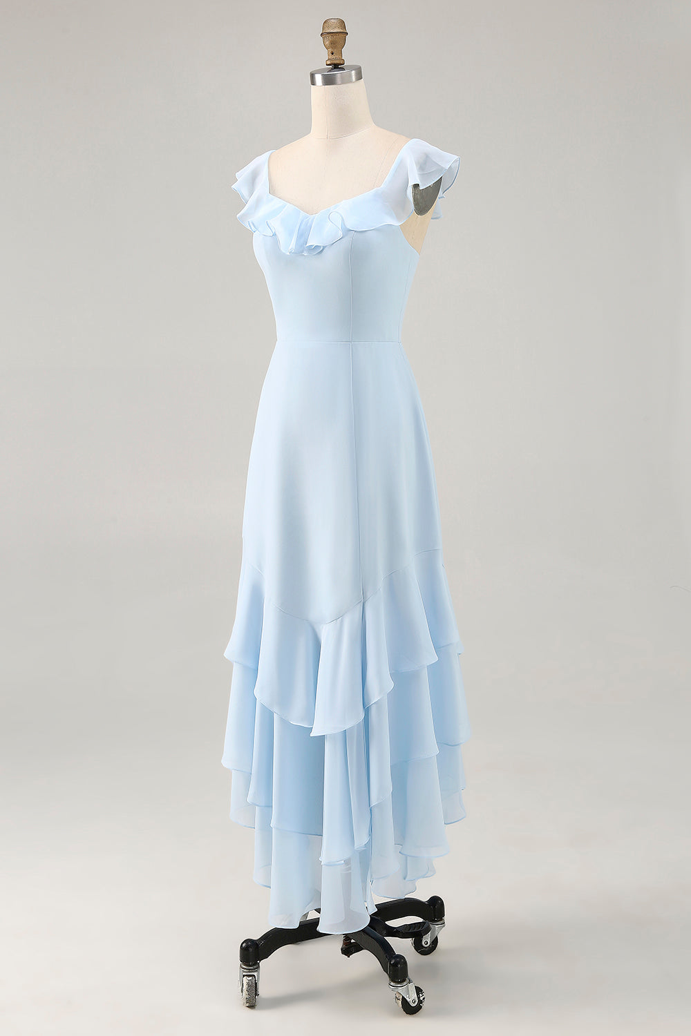Sky Blue Tiered Chiffon Asymmetrical Wedding Guest Dress with Ruffles