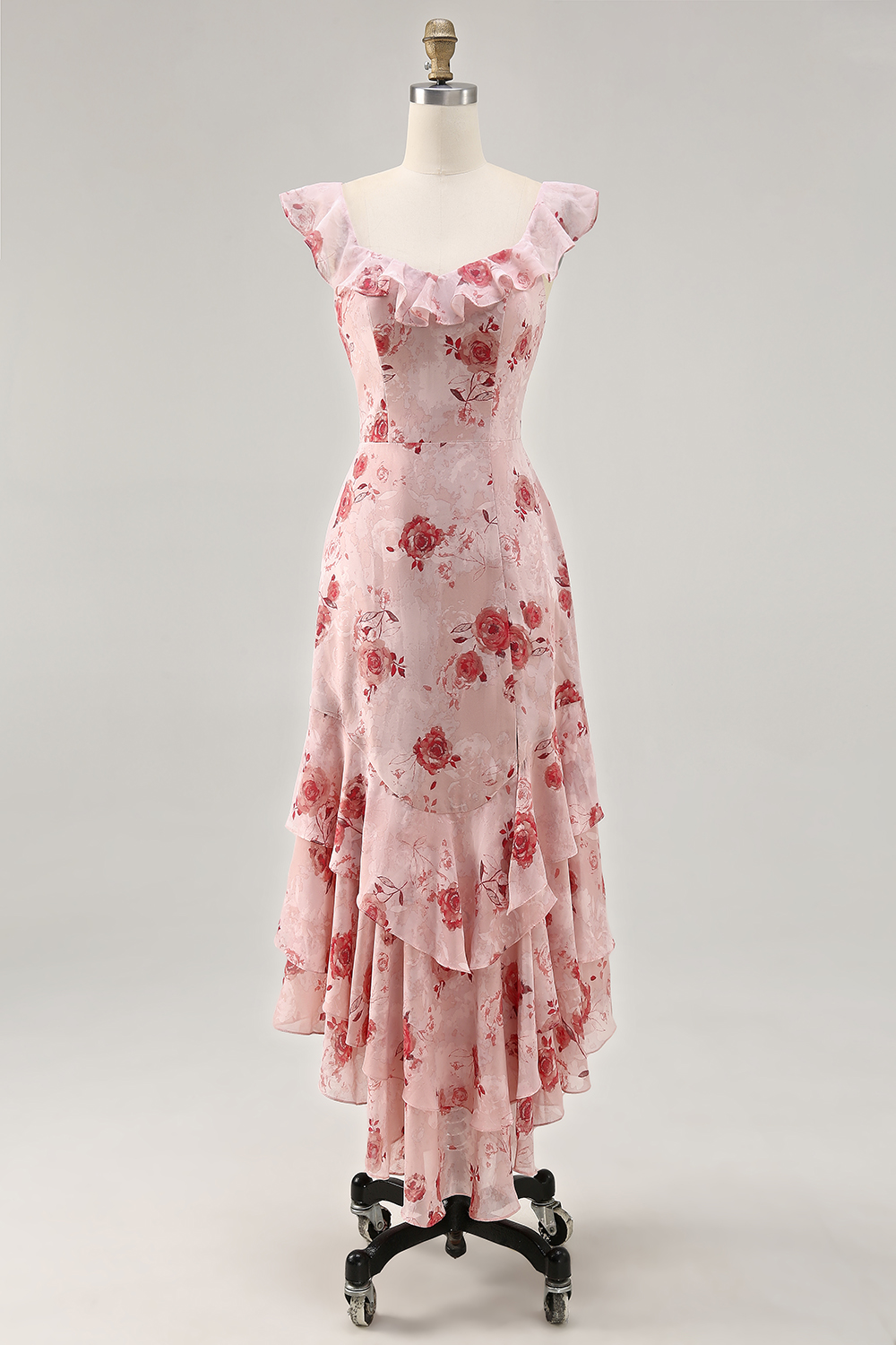 Blue Floral Tiered Chiffon Asymmetrical Wedding Guest Dress with Ruffles