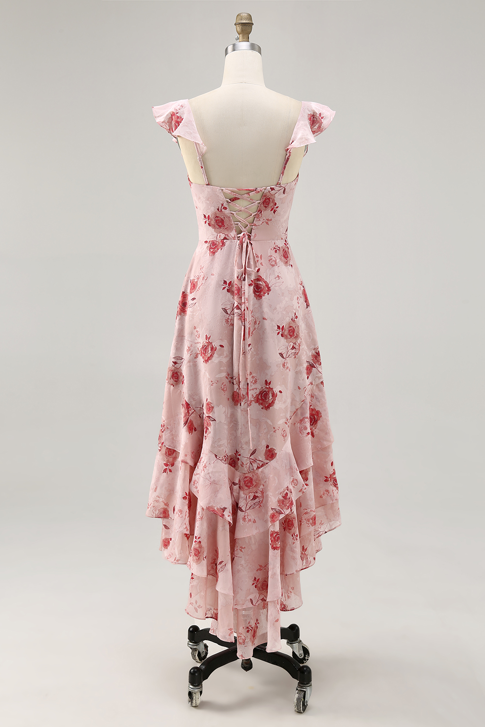 Blue Floral Tiered Chiffon Asymmetrical Wedding Guest Dress with Ruffles