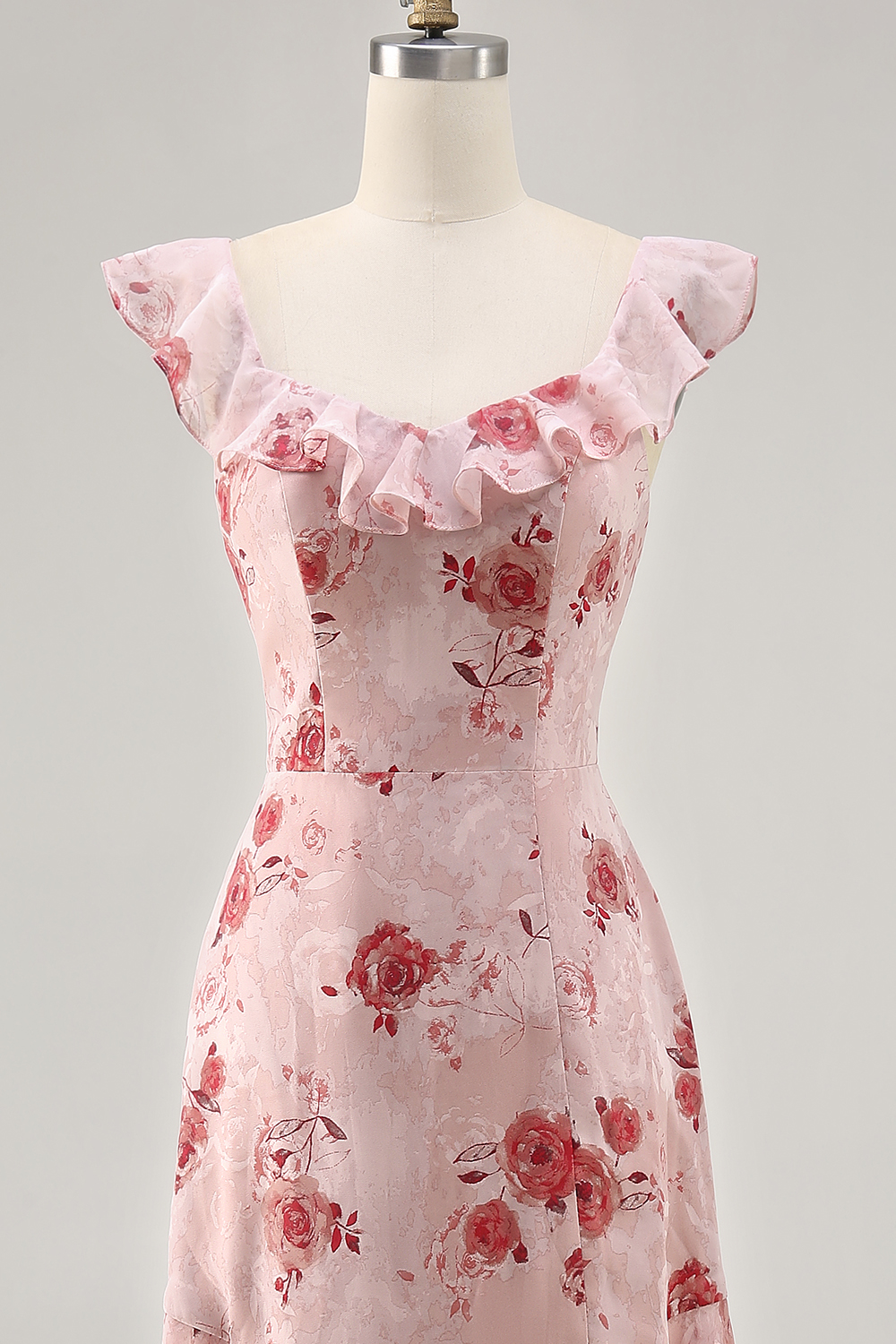 Blue Floral Tiered Chiffon Asymmetrical Wedding Guest Dress with Ruffles