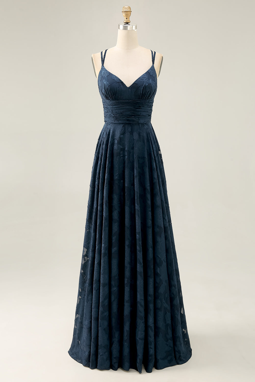 Floral Navy A Line Ruched Crossed Straps Back Long Wedding Guest Dress