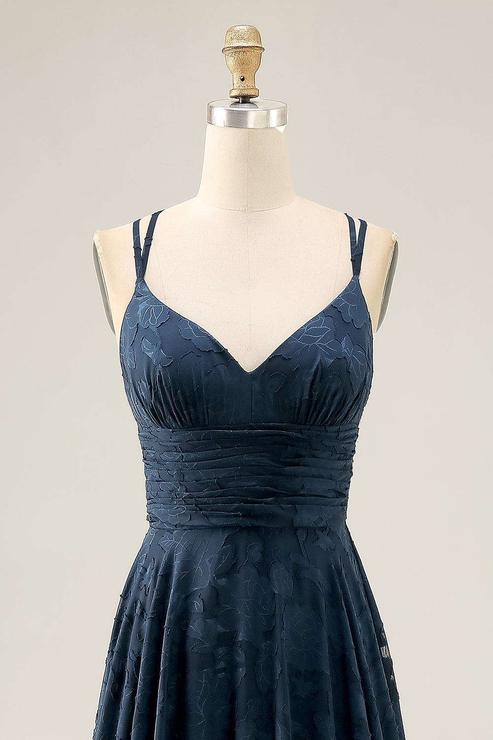 Floral Navy A Line Ruched Crossed Straps Back Long Wedding Guest Dress