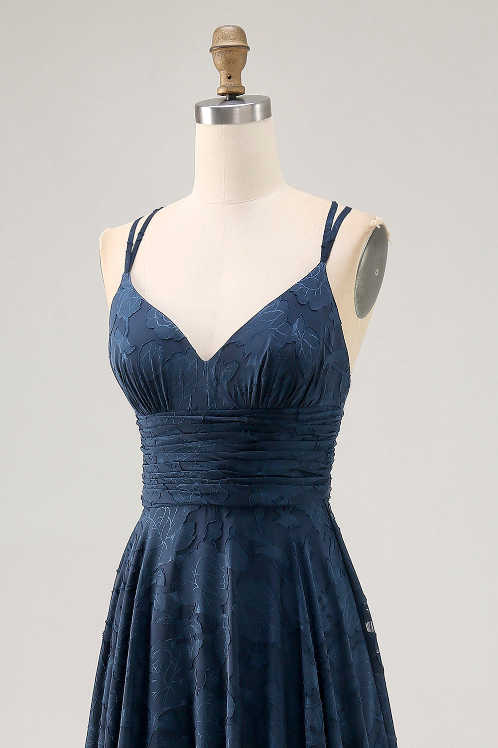 Floral Navy A Line Ruched Crossed Straps Back Long Wedding Guest Dress