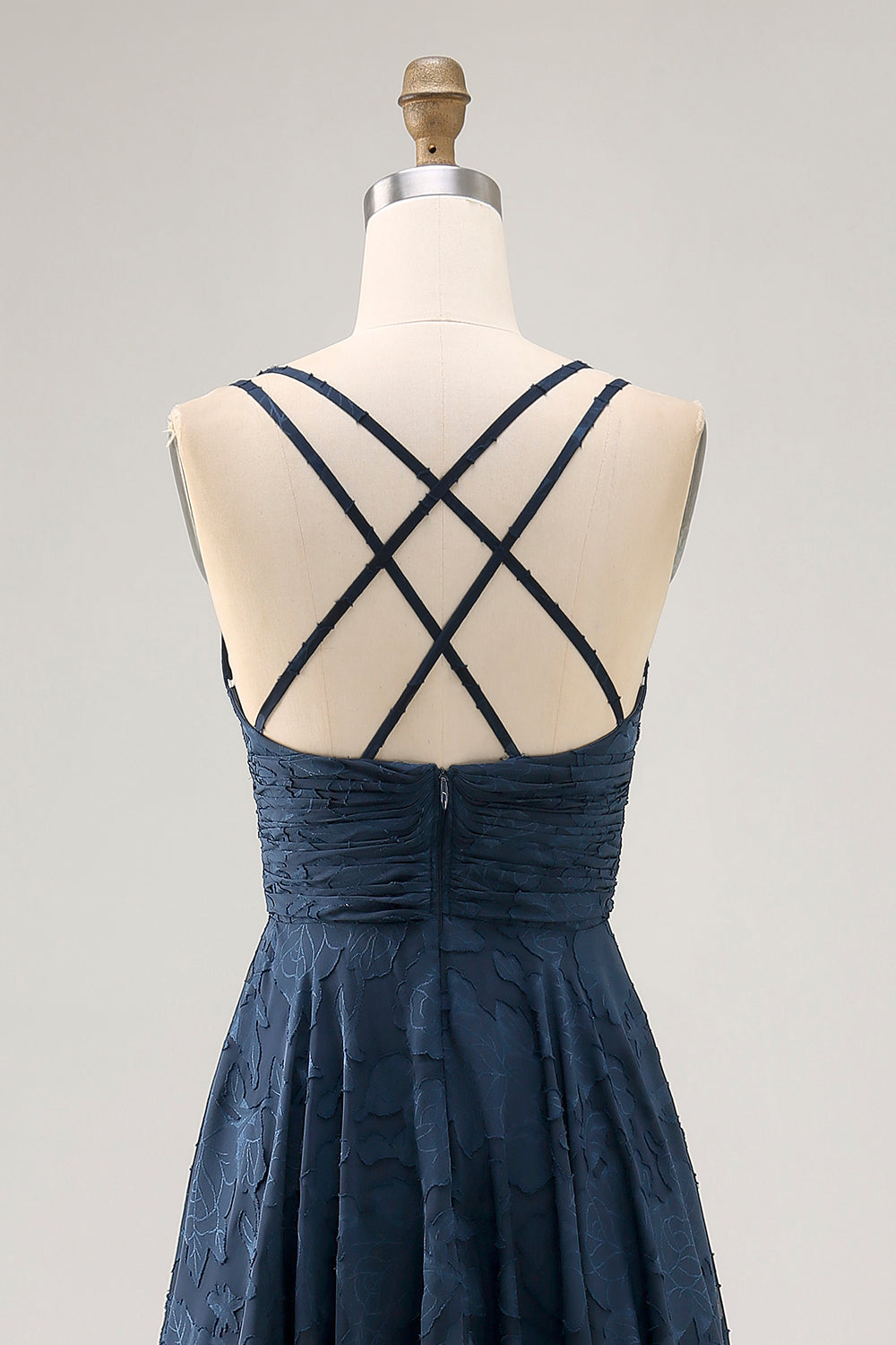 Floral Navy A Line Ruched Crossed Straps Back Long Wedding Guest Dress